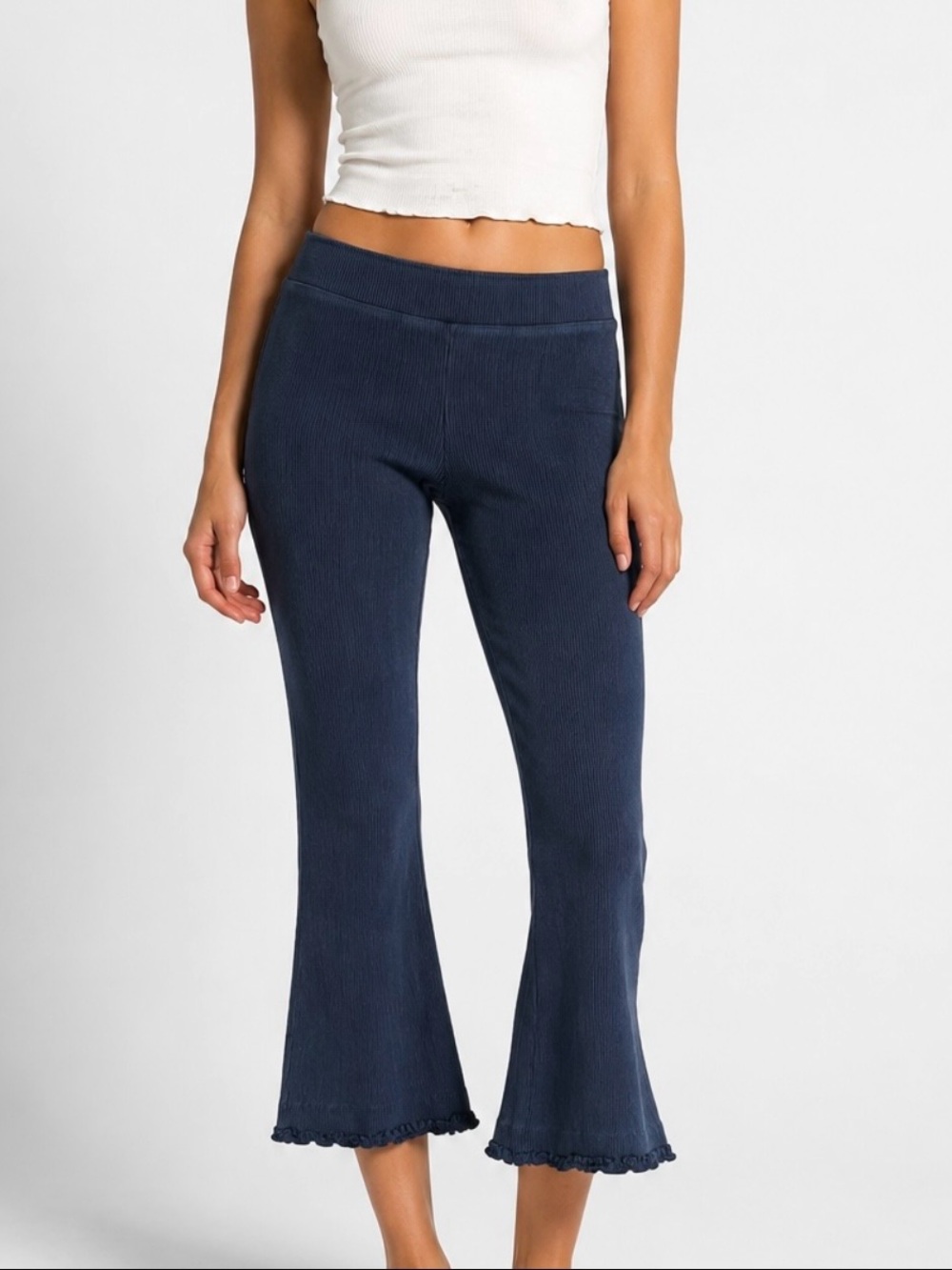 Free People Movement Blue Ribbed Flare Knit Cropped Gaucho Pants Casual Pull On